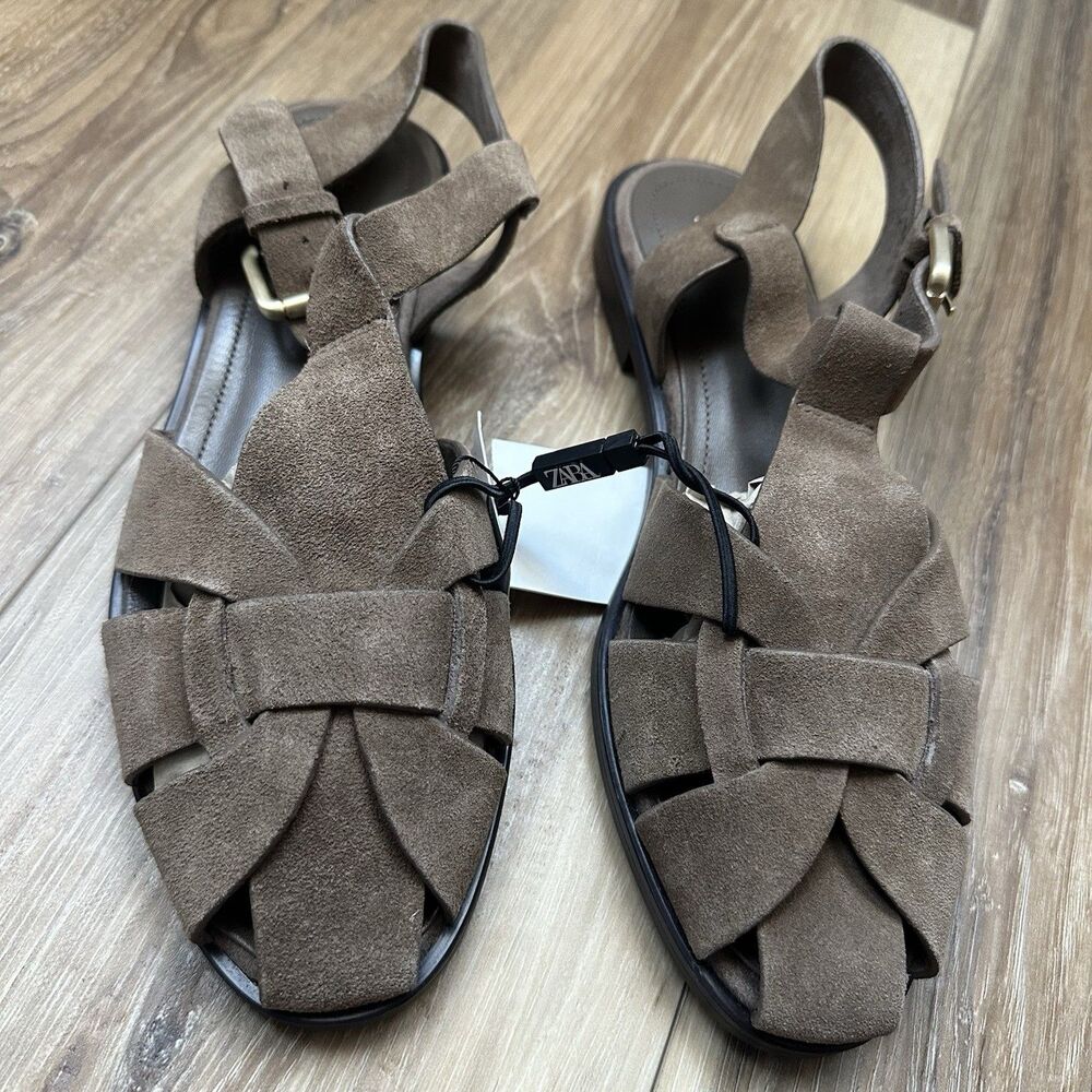 ZARA Split Leather Fisherman Sandals Brown Suede Strappy Flat NWT US 8 EUR 39 - Picture 2 of 6